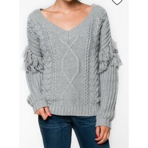 Everly gray cable knit fringe sweater